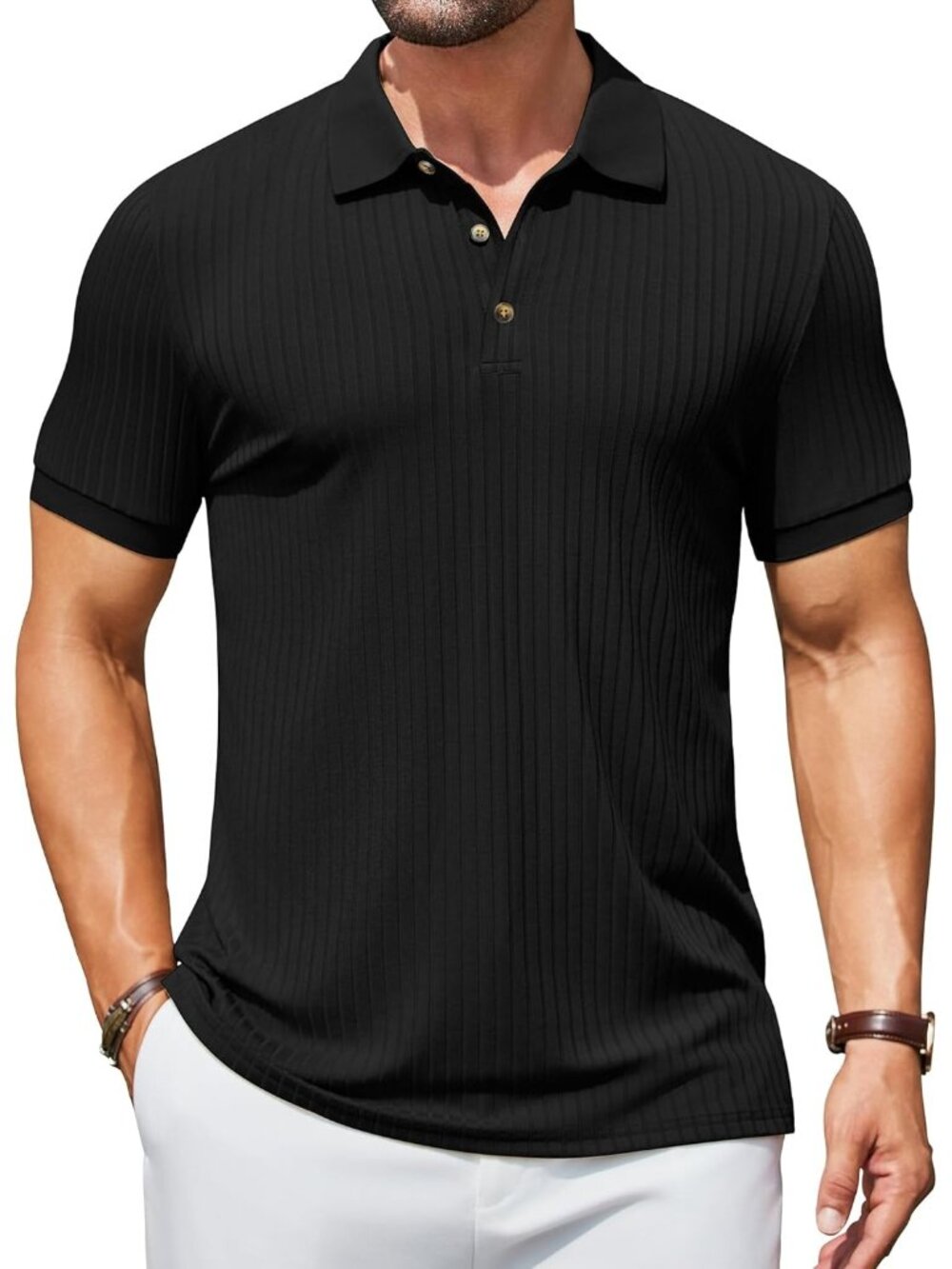 Men's All Black Textured Polo Shirts Short Sleeve Slim Fit Button Polo Casual